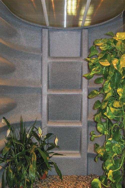 Interior view of a Wellcraft 2062 basement egress well with plants growing to add beauty while ensuring families can easily escape up the steps to safety in an emergency.